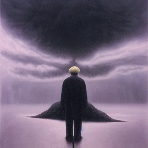 Image similar to killua zoldyck made by zdzisław beksinski, thunderstorm, 8 k, detailed, cinematic, rain, crying, black