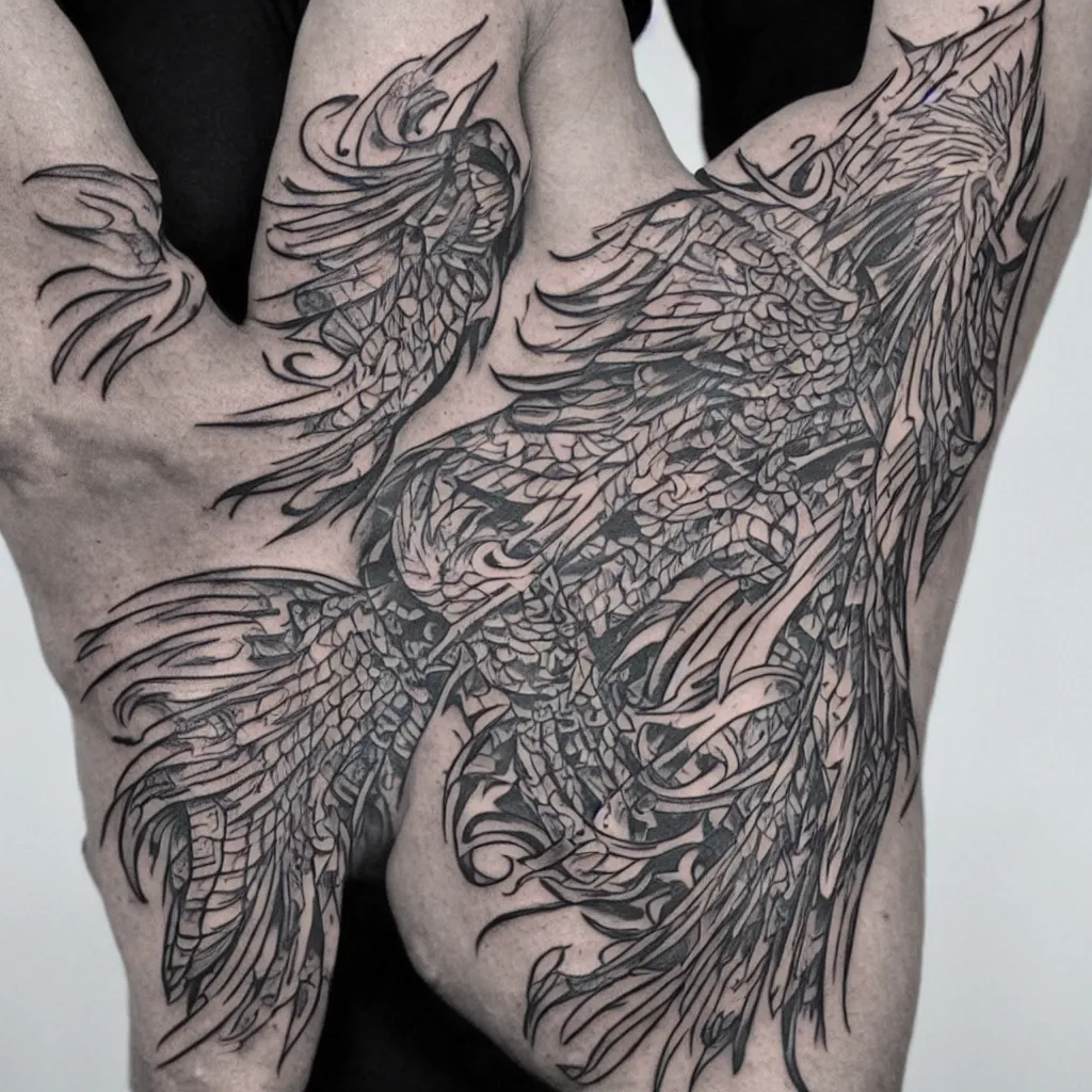 Prompt: small tribal phoenix tattoo on a arm,