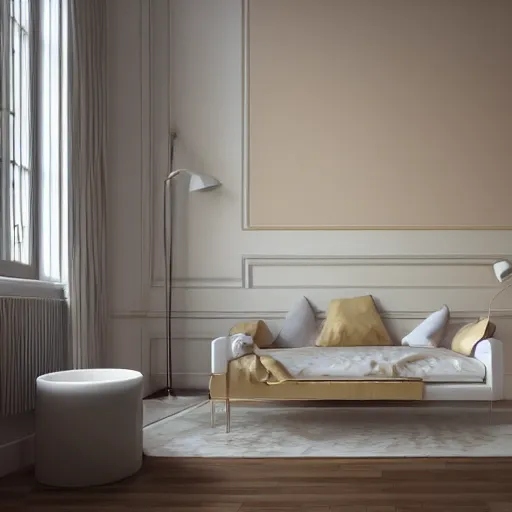 Image similar to cream - colored room, vanilla - colored lighting, soft golden light, marble room, marble slabs, bare room, empty room, studio room, window to night time, night time, warm lighting inside, art by artgerm