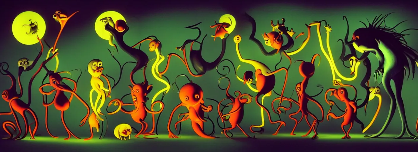 Image similar to whimsical creatures from the depths of the collective unconscious, dramatic lighting, surreal dark 3 0 s fleischer cartoon characters