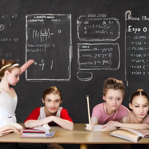 Image similar to photo of teen ballerina teaching formulas to Einstein at blackboard, photorealistic ultra realistic