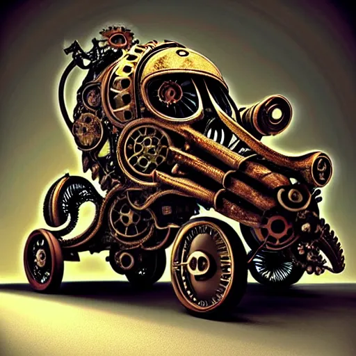 Image similar to biomechanical steampunk vehicle reminiscent of fast sportscar with robotic parts and (glowing) headlights parked in ancient lush palace, gothic and baroque, brutalist architecture, ultradetailed, creepy ambiance, fog, artgerm, giger, Intricate by Ellen Jewett and Josan Gonzalez and Giuseppe Arcimboldo