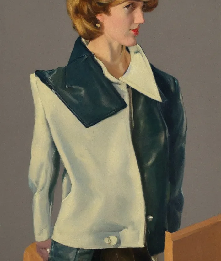 Image similar to a very detailed painting of an 8 0 s jacket with big shoulder pads, very aesthetic leather jacket, detailed closeup of leather jacket, front view, very fashionable, in the style of edward hopper and oswald hornby joseph birley and susan ryder, very small brushstrokes, 4 k,