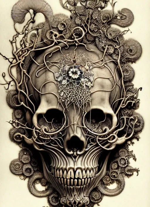 Image similar to art forms of nature by ernst haeckel, memento mori by arthur rackham, ornate antique porcelain beautiful skull mask, ultrasharp, photorealistic, hyperdetailed, octane render, polished, art nouveau, neo - gothic, gothic, intricate ornamental organic filigree, art nouveau botanicals, art forms of nature by ernst haeckel, horizontal symmetry, symbolist, visionary