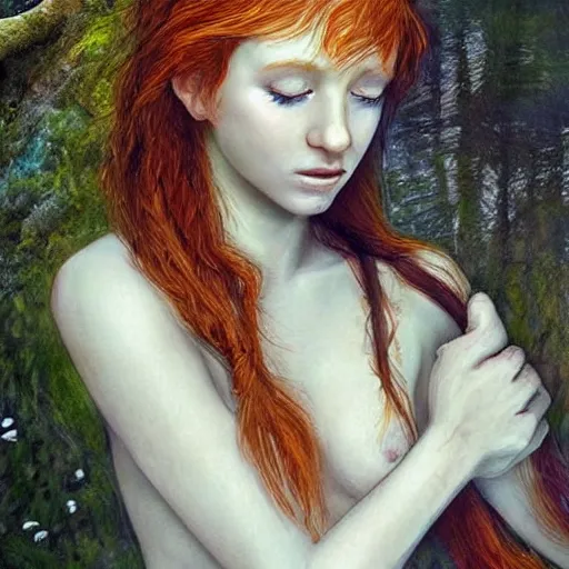 Image similar to Ed Sheeran as a shy forest nymph. beautiful flowing auburn hair and slender feminine body. this nymph is so demure. She plays along the banks of an enchanted river in a cozy glade. I feel happy when I see this wonderful work of art. Highly detailed art.