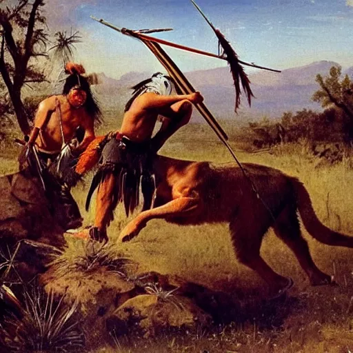 Image similar to native american man kills sabertooth!!!!!!!!! with bow and arrow on great plains, painting by emanuel leutze and emanuel leutze and emanuel leutze