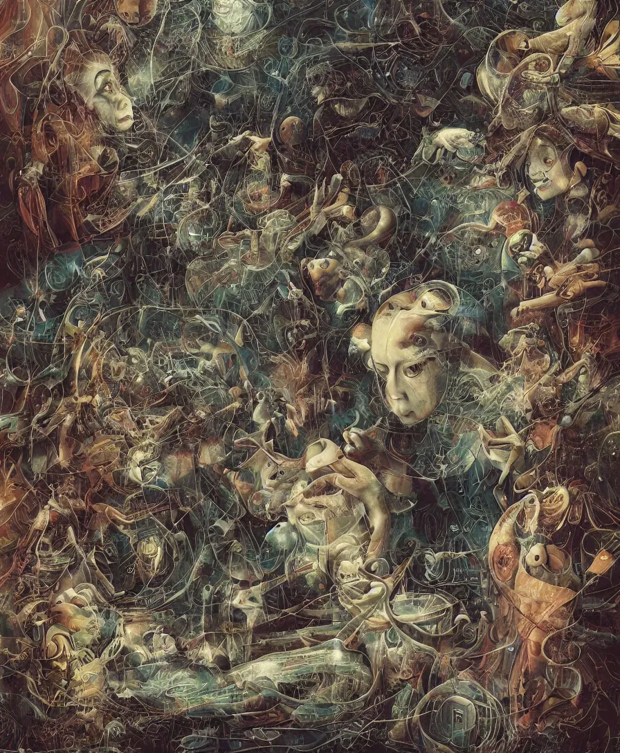 Image similar to Liminality as the moment of a person's transition to a borderline state | intricate artwork. dark art style. artwork in the style of hieronymus bosch and beeple, tooth wu, dan mumford, wlop, rossdraws, James Jean, yoshitaka Amano