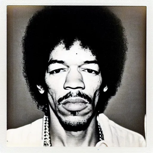 Image similar to Mugshot Portrait of Jimi Hendrix, taken in the 1970s, photo taken on a 1970s polaroid camera, grainy, real life, hyperrealistic, ultra realistic, realistic, highly detailed, epic, HD quality, 8k resolution, body and headshot, film still, front facing, front view, headshot and bodyshot, detailed face, very detailed face