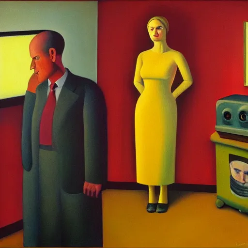 Image similar to in soviet russia, tv watches you!, grant wood, pj crook, edward hopper, oil on canvas
