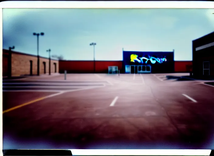 Image similar to polaroid photograph of an empty blockbuster store parking lot, liminal space, familiar place, mannequins, black mold, amateur, unreal engine, photorealistic, trending on artstation