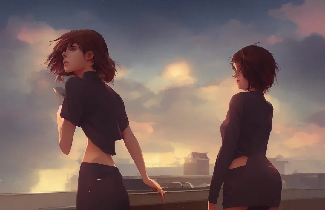 Image similar to a beautiful british woman with short brown hair, gentle, somber amber eyes, standing on a rooftop, storm in the distance, basic clothing, digital art by makoto shinkai ilya kuvshinov and wojtek fus, digital art, concept art,