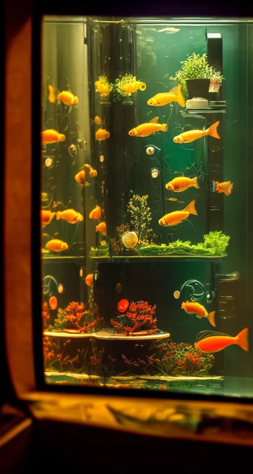 Prompt: telephoto 7 0 mm f / 2. 8 iso 2 0 0 photograph depicting the feeling of chrysalism in a cosy safe cluttered french art nouveau cyberpunk apartment in a dreamstate art cinema style. fish tank, ambient light.