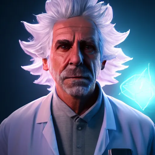 Prompt: portrait of older rick sanchez, lab coat and tee shirt, lens flare, atmosphere, glow, detailed, intricate, full of colour, cinematic lighting, trending on artstation, 4 k, hyperrealistic, focused, extreme details, unreal engine 5, cinematic, masterpiece