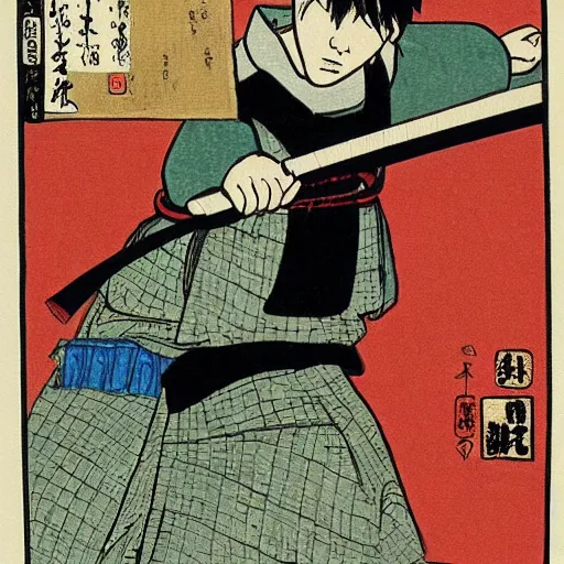 Prompt: Samurai with a katana in his hands runs after a Japanese schoolgirl on the subway by Toshio Saeki, high detailed