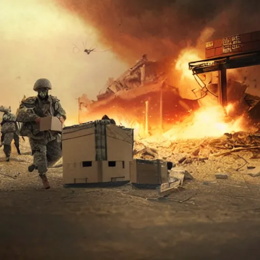 Image similar to an soldier hiding under cardboard box, in middle of war, explosion environment, post apocalyptic, cinematic