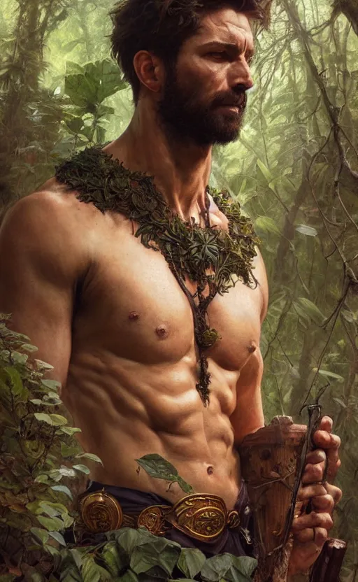 Image similar to god of the forest, 3 0 years old, rugged, male, gorgeous, detailed face, amazing, thighs, ottoman, muscular, intricate, highly detailed, digital painting, artstation, concept art, sharp focus, illustration, art by greg rutkowski and alphonse mucha