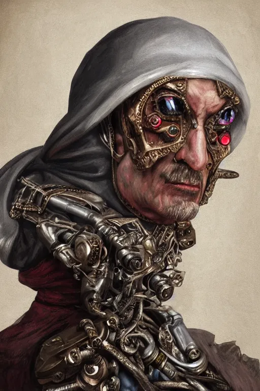 Prompt: portrait, headshot, digital painting, of a old 17th century cyborg merchant, ruby jewels, baroque, ornate clothing, realistic, hyperdetailed, chiaroscuro, concept art, art by Franz Hals