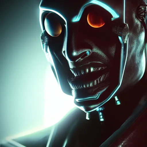 Image similar to evil cyberpunk dark lord, highly detailed, photorealistic portrait, bright studio setting, studio lighting, crisp quality and light reflections, unreal engine 5 quality render