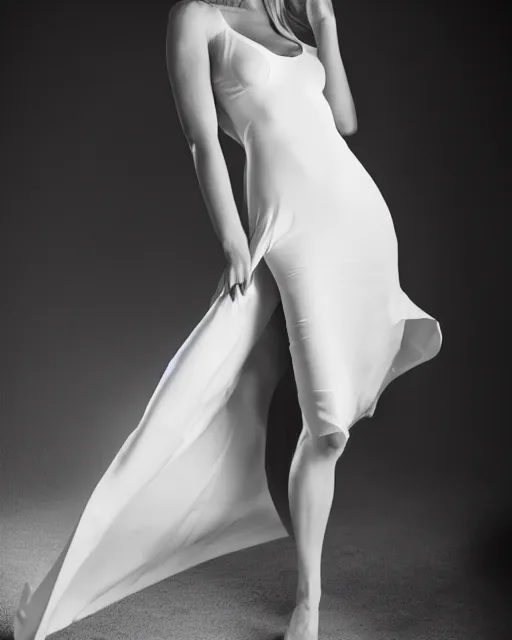 Prompt: 2 8 mm portrait of gorgeous seductive tall emily skinner wearing tight white dress, in a white room, pale skin, cinematic lighting, sharp focus, backlit, smooth, hard focus, studio lighting, glamour pose, arney freyag, octane
