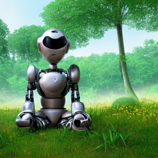 Image similar to 3d render of cel-shaded friendly robot sitting cross-legged with its head down on a small hill, in a fantasy forest with blooming trees and surrounded my wildlife, river flowing beside the robot, 4k, highly detailed, Unreal Engine, octane render, trending on artstation