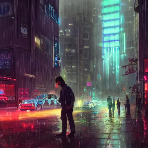 Image similar to man watering plant near the crowded street of a cyberpunk city, rain, harsh neon lights, highly detailed, digital painting, trending on artstation, concept art, sharp focus, illustration, art by artgerm and greg rutkowski and magali villeneuve