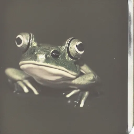 Image similar to a polaroid photo of a frog wearing headphones