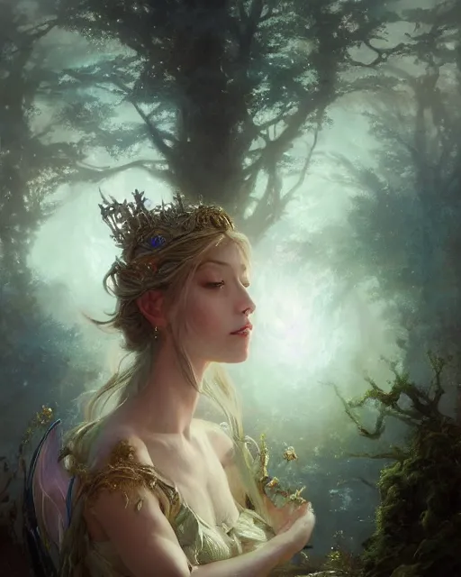 Image similar to a portrait of beautiful fairy goddness fly high in the night, d & d, fantasy, mist, full moon in background, trees, hyper detailed,, midium shot, an oil painting by ruan jia, trending on artstation, concept art, sharp focus, illustration, gaston bussiere, craig mullins, j. c. leyendecker, beautiful lighting