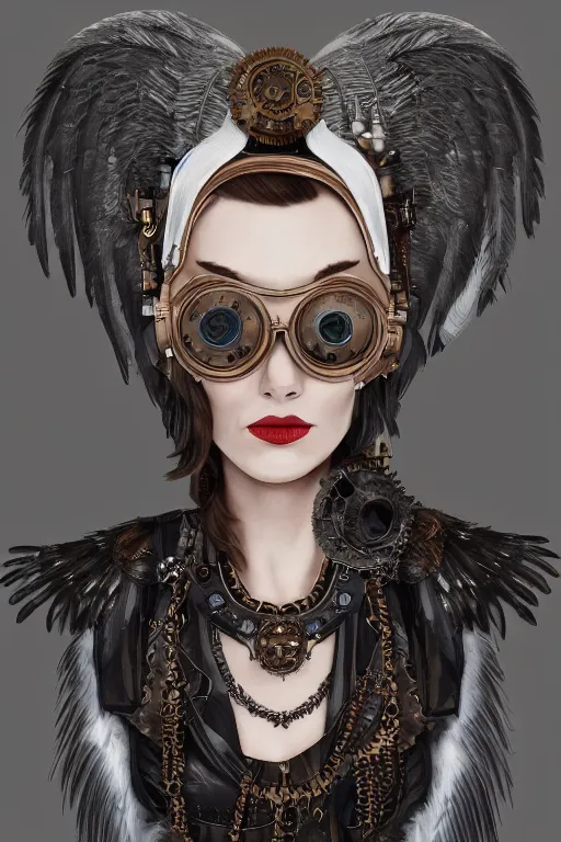 Prompt: Hepburn has a steampunk complicated body and angel white feather wings, vertical portrait, symmetrical face, f1.8, 50mm, vibrant light leaks,high detailed, intricate detail, hyper realism 8k,trending on artstation.