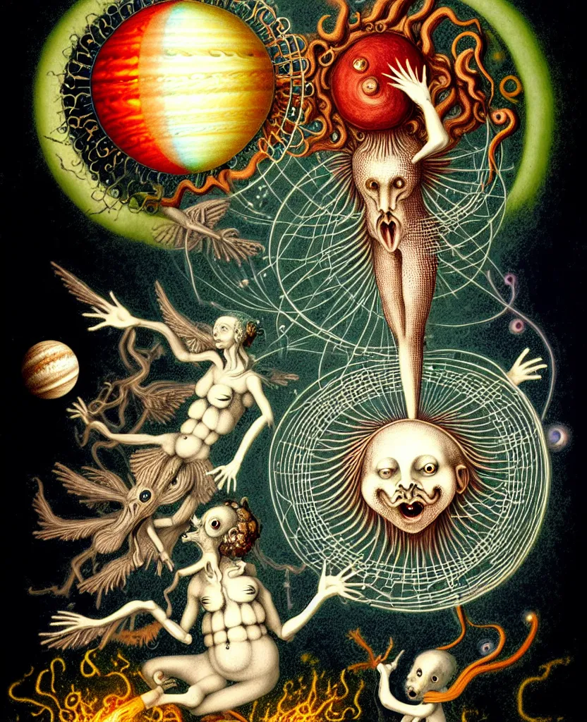 Prompt: whimsical freaky creature sings a unique canto about'as above so below'being ignited by the spirit of haeckel and robert fludd, breakthrough is iminent, glory be to the magic within, in honor to jupiter, painted by ronny khalil