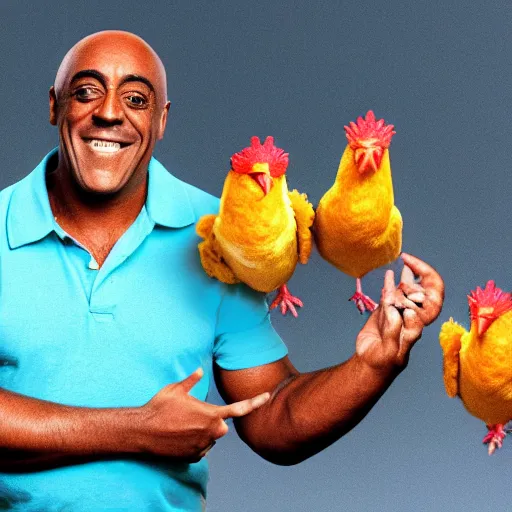 Prompt: ainsley harriot juggling chickens