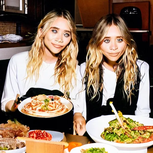 Image similar to mary kate and ashley olsen eating mukbang