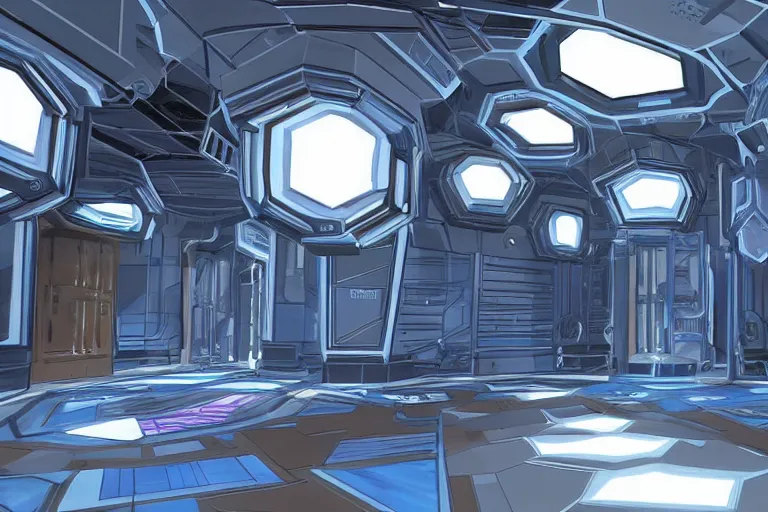 Image similar to futuristic tardis interior stylized like portal 2