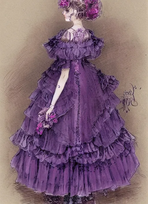 Image similar to violet - themed lolita fashion dress design, victoria, lace, elegant, muted colors. sketch by jean - baptiste monge