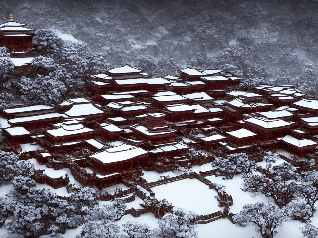 Image similar to shaolin monastery on snowy mountain, concept art, digital art, neon, 8 k, sad, yin yang, incandescent, cinematic lighting, ray tracing ambient occlusion, in a symbolic and meaningful style, insanely detailed and intricate, hypermaximalist, elegant, ornate, hyper realistic, super detailed