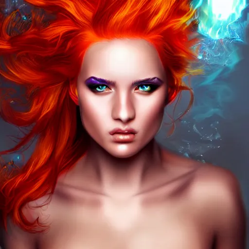 Image similar to a beautiful portrait of a gorgeous female pyromancer with flaming hair, digital art, photorealistic, intricate detail