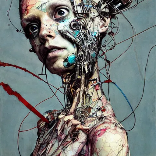 Image similar to the last wanderer of earth, post - apocalyptic wasteland, wires cybernetic implants, in the style of adrian ghenie, esao andrews, jenny saville, surrealism, dark art by james jean, takato yamamoto