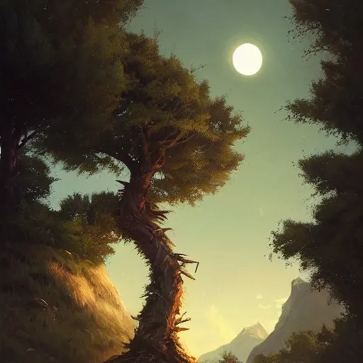 Image similar to low angle shot of a tree growing inside a trashcan in the foreground. overgrown. soft moon - lit over the mountains in the background. highly detailed, cinematic, beautiful, cgsociety, artstation, oil painting by greg rutkowski, by artgerm, by wlop