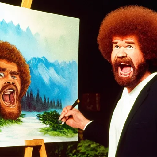 Image similar to bob ross screaming at his painting in an uncontrollable fit of rage