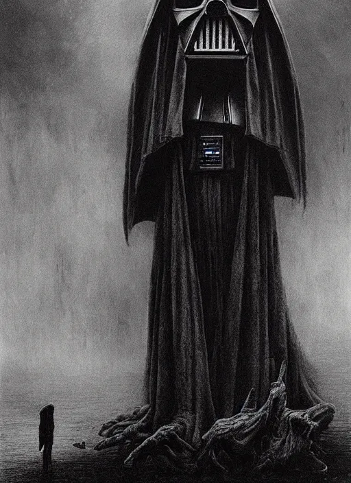 Prompt: darth vader, beksinski, eldritch, apocalypse, creepy creature, horror spooky