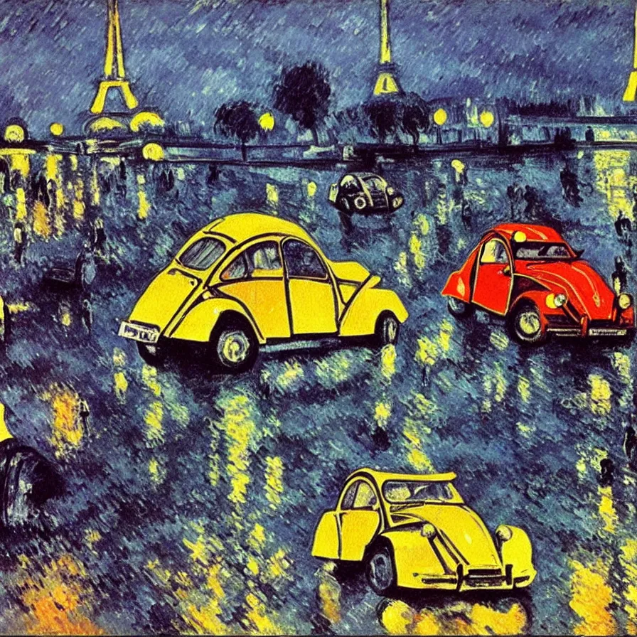 Prompt: colorful citroen 2 cv racing through paris in the 1 9 5 0 s. dark skies, rain. movement. impressionistic oil painting by pisaro, by cezanne, by matisse