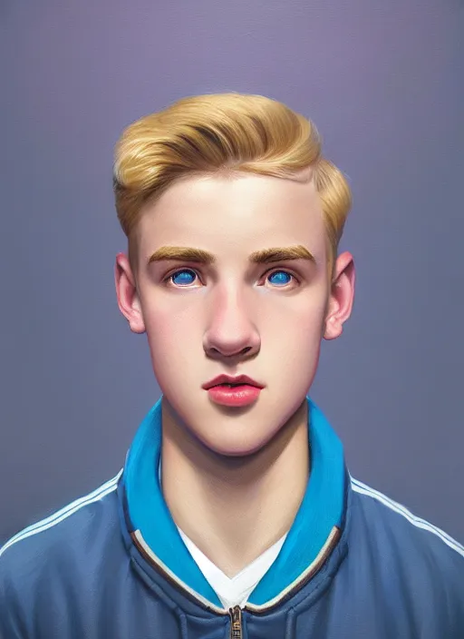 Image similar to portrait of a high school senior boy named moose mason, blonde short hair, jock, beefy, square jaw, square facial structure, 1 9 5 0 s, blue varsity jacket, intricate, elegant, glowing lights, highly detailed, digital painting, artstation, concept art, smooth, sharp focus, illustration, art by wlop, mars ravelo and greg rutkowski