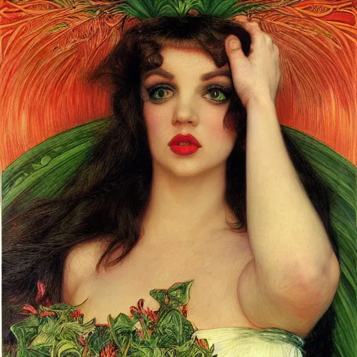 Image similar to portrait of a hybrid of a hybrid of judy garland and a hybrid of liza minelli and britney spears, holman hunt, john william waterhouse, kilian eng, rosetti, john everett millais, william holman hunt, 4 k