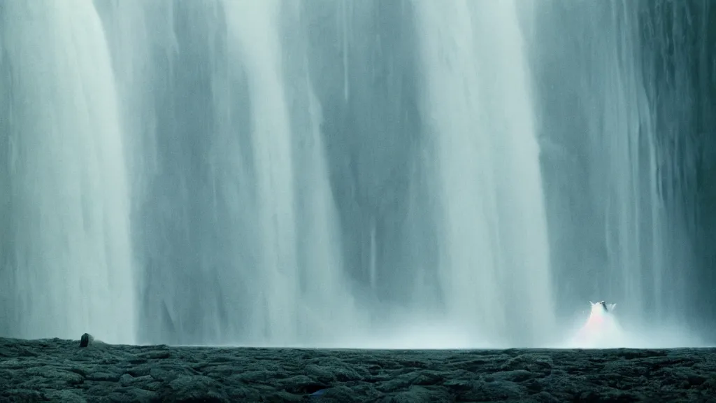 Image similar to ghosts in a waterfall, film still from the movie directed by Denis Villeneuve with art direction by Zdzisław Beksiński, wide lens