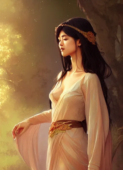 Image similar to cute brown woman wearing a transparent night gown and hanfu face veil, fantasy, intricate, highly detailed, digital painting, artstation, concept art, wallpaper, smooth, sharp focus, illustration, art by artgerm and greg rutkowski and alphonse mucha