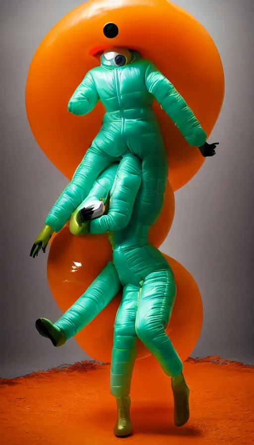 Prompt: a single striding slender figurine of a tall giant inflated hazmat woman wearing over sized gold teal puffy bomber jacket, long bendy arms and legs, googly eyes, tareme eyes, small head, personification, dynamic pose, detailed product photo, tone mapped, beautiful composition, orange mist swirling at feet, 8 5 mm, f 5. 8