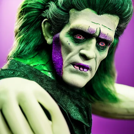 Image similar to frankenstein in green and purple, detailed skin, shiny jewels, professional make up, elvis hair style, created by the make up artist hungry, photographed by andrew thomas huang, cinematic, expensive visual effects