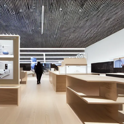 Image similar to A flagship Samsung store. black walls. timber floor. high ceilings with spots. wood furniture with large digital screen. display tables with phones and tablets, pots with plants, digital screens on the walls, Architectural photography. 14mm. High Res 8K. award winning architectural design, inspired by Arne Jacobsen, Niels Otto Møller, Verner Panton, Scandinavian Design, Retaildesignblog.net, high-tech, sci-fi