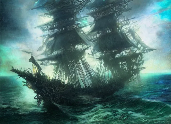 Prompt: Beautiful render of a flying glowing pirate ship by Titian and Chie Yoshii and Villeneuve, portrait, cyberpunk, vaporwave, intricate, elegant, light green mist, storm, The Flying Dutchman, magical, highly detailed, sharp focus, hyper realistic, digital art, octane render, deviantart, trending on artstation, artstationHD, artstationHQ, unreal engine, 4k, 8k