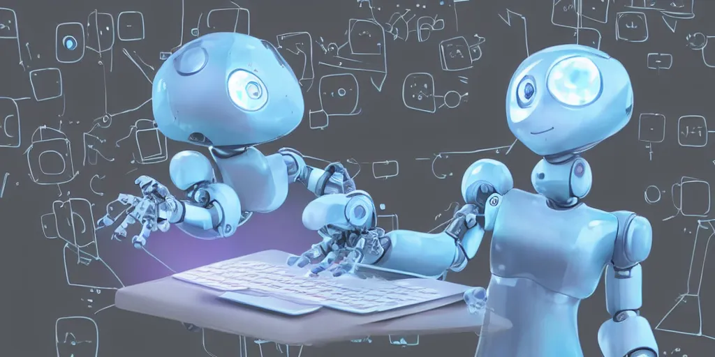 Prompt: a cute robot dreaming of a widely spaced deep blue neural network robotically typing hashtags on a laptop