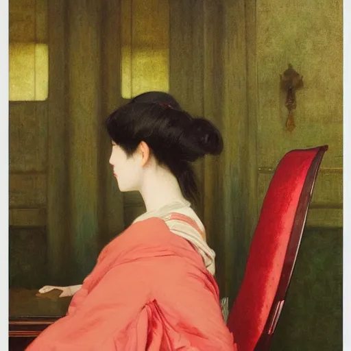 Image similar to painting by frederic edwin church, balaskas christoper, conrad roset, coby whitmore, and chie yoshii. of a beautiful japanese girl sitting on antique chair leaning against a desk, sideview, victorian room